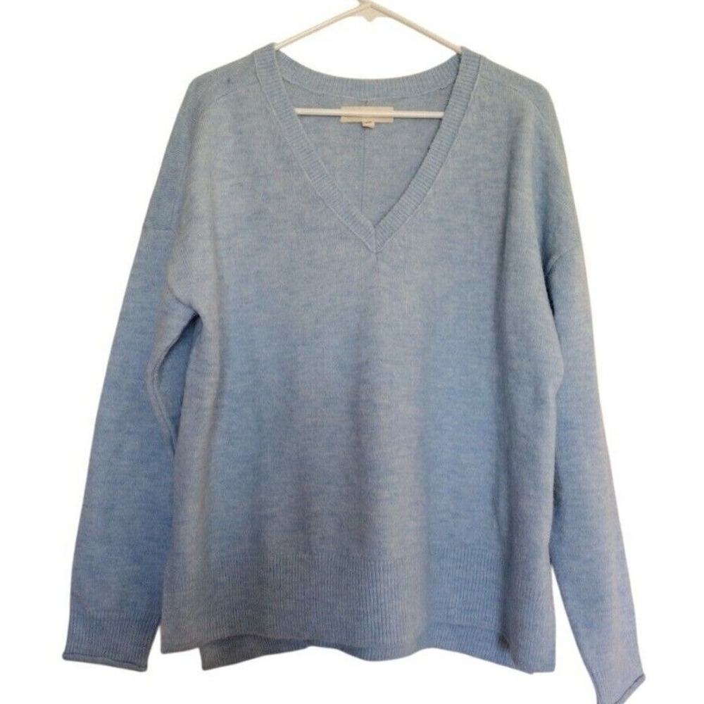 Lucky Brand Sweater Women Medium Light Blue Knit Long Sleeve Ribbed V Neck